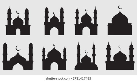 Coleção de silhuetas de mesquita com lua crescente