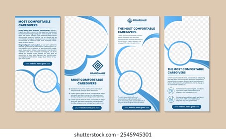 collection of the most comfortable caregivets vector roll up banner template. Flyer, booklet, printable leaflet design with space for photo. Magazine page, report, vertical layout posters, photo space