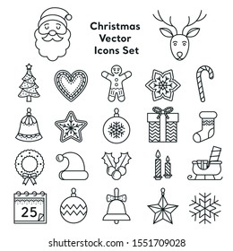 Collection of the most popular Christmas Icons, black&white line vector, illustration flat design. Set of signs for infographic, social media marketing. Included Santa Claus and Santa Claus reindeer.