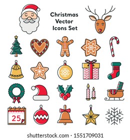 Collection of the most popular Christmas Icons, line and color vector, illustration flat design. Set of signs for infographic, social media marketing. Included Santa Claus and Santa Claus reindeer.