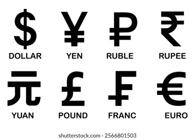 Collection of most popular currency symbol isolated on white background. Currency signs: dollar, yen, ruble, rupee, yuan, pound, franc and euro. Simple design of the most popular currency. Banknotes.