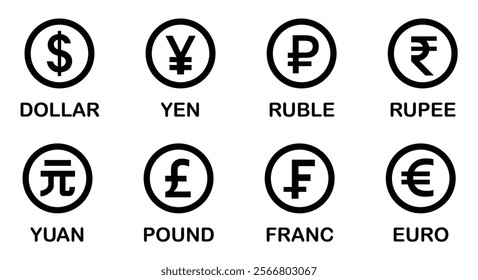 Collection of most popular currency symbol isolated on white background. Currency signs: dollar, yen, ruble, rupee, yuan, pound, franc and euro. Simple design of the most popular currency. Banknotes. 