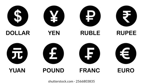 Collection of most popular currency symbol isolated on white background. Currency signs: dollar, yen, ruble, rupee, yuan, pound, franc and euro. Simple design of the most popular currency. Banknotes. 