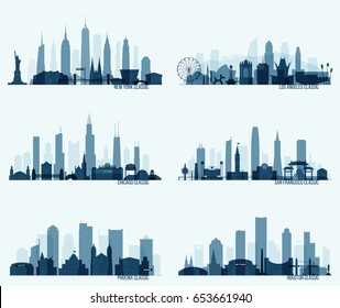 Sammlung der beliebtesten nordamerikanischen Städte mit ihren wichtigsten Attraktionen. New York, Los Angeles, Chicago, San Francisco, Phoenix, Huston. Einfach bearbeitbare detaillierte Vektorgrafik.