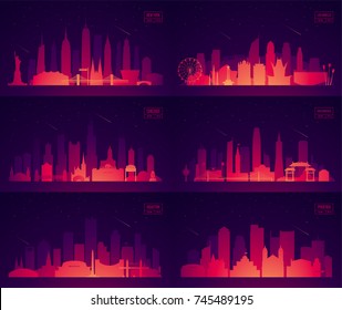 Collection of most popular North American cities with its most notable attractions. New York, Los Angeles, Chicago, San Francisco, Phoenix, Huston. Easy editable detailed vector illustration.