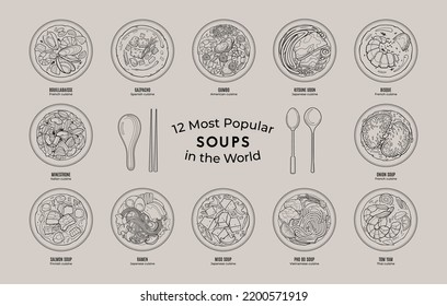 Collection most popular soups  Set outline doodle style illustration for cafe   restaurant menu  Top view