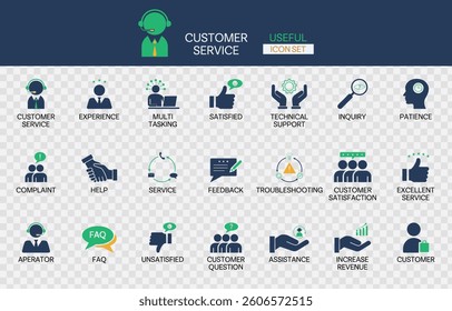 Collection of the most useful customer service icon sets and vector art illustration on transparent background