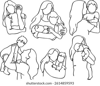 Collection of mother and child in line art. Set of continuous line vector illustrations. Mother's Day concept.