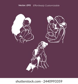 Collection Mother and Daughter boy silhouette design illustration for Mother's day template vector eps8 simple isolated black background