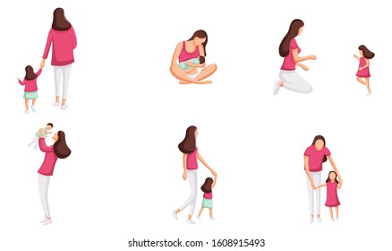 Collection of mother with her daughter and son. Set of mom and baby. Happy mothers day. Mothers love scene. Mother teaches her child to walk.  Flat design vector illustration. 