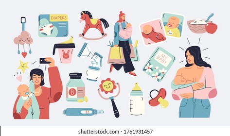 Collection of motherhood scenes. Bundle of women with their babies performing daily activities. Flat cartoon vector illustration.