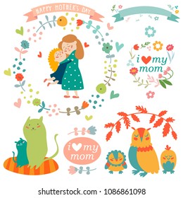 Collection of Mothers Day design elements isolated on white background. Hand drawn decoration objects set - mom and baby, owl and cat family, flowers and greetings 