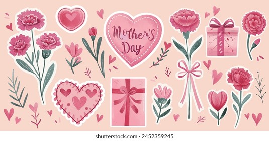 A collection of Mother's Day stickers in pink watercolor style, with all elements being separate, including carnations, gifts, bouquets, heart shapes, and floral patterns. Vector Illustration.