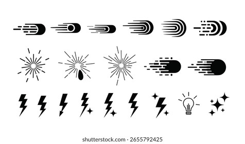 Collection of motion speed effects and energetic symbols for design projects