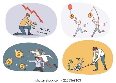 Collection of motivated businesspeople run catch money strive for business success. Set of employees chase after banknotes and coins. Finance and banking. Vector illustration. 