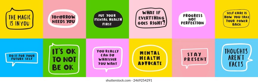 Colección de frases motivacionales de salud mental. Letras. Vector ilustraciones planas sobre fondos multicolores. 