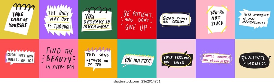 Collection of motivational phrases. Lettering. Hand drawn, speech bubbles, stickers on bright backgrounds. Best for social media.