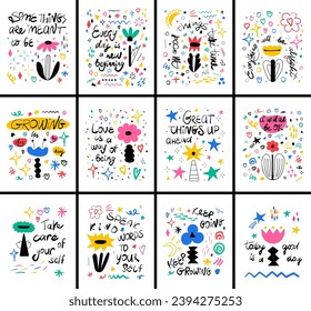 Collection of motivational posters. Hand drawn lettering phrases and quotes. Vector illustrations. Motivational, inspirational message sayings. Modern freehand style illustrations