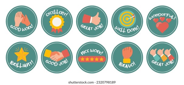 Collection of motivational stickers for great work. Stickers, badges, icons. Flat style, vector