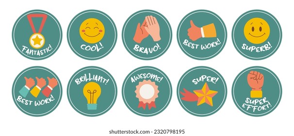 Collection of motivational stickers for great work. Stickers, badges, icons. Flat style, vector