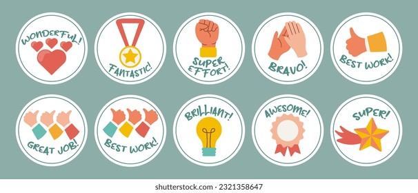 Collection of motivational stickers for great work. Stickers, badges, badges. Flat style, vector