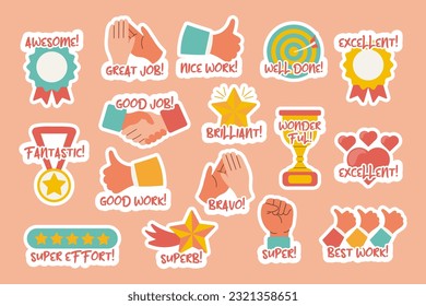 Colección de stickers motivacionales para un gran trabajo. Pegatinas, insignias, insignias. Estilo plano, vector