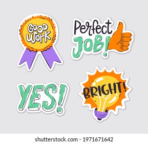 Collection of motivational stickers, perfect for teachers and kids. Hand drawn vector drawings.
