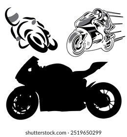 Collection of motor bikes, Silhouettes of moto bike with people,
Different type of motorcycle, bike, and motorbike icon. Side view of motorcycle, scooter, roadster, 