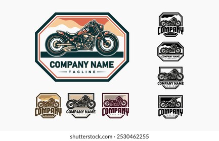 Una colección de logotipos de motocicletas con una motocicleta crucero clásica en diferentes combinaciones de colores.