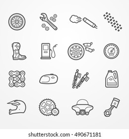 Collection of motorcycle parts icons in line style. Spare parts, tools and rider gear. Motorcycle store or service vector stock image.