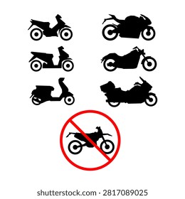 Collection of motorcycle silhouettes featuring various types like scooter, sportbike, cruiser, and touring motorcycle, alongside a red no-entry prohibition sign for dirt bikes.
