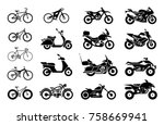 Collection of Motorcycles and bicycles icons. Moto vehicles symbols vector stock illustration.