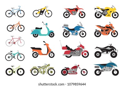 Collection of Motorcycles and bicycles icons. Moto vehicles symbols flat vector illustration.
