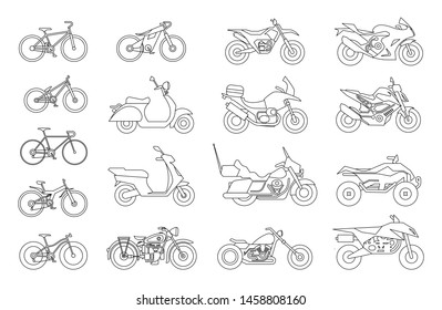 Collection of Motorcycles and bicycles icons. Moto vehicles symbols vector stock illustration.