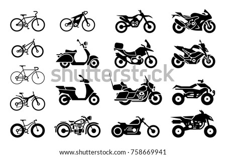 Collection of Motorcycles and bicycles icons. Moto vehicles symbols vector stock illustration.
