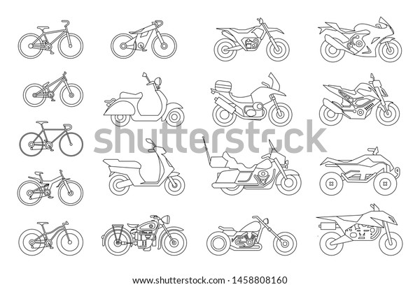 Collection Motorcycles Bicycles Icons Moto Vehicles Stock Vector