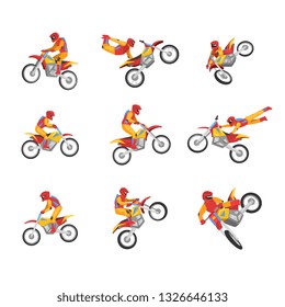 Collection of Motorcyclist Driving Motorcycle Performing Tricks, Motocross Racing, Sportsman Performing Tricks Vector Illustration