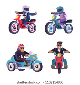 Collection of motorized bike racers men isolated on white background, people on moped sportbikes vector illustration bikers ride on modern motorbikes