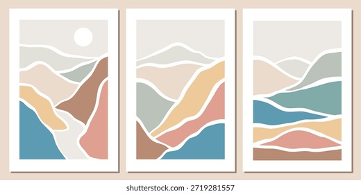 Una colección de fondos montañosos con simples patrones de líneas onduladas. Plantillas Abstractas con patrones ondulados. Diseños minimalistas abstractos de diseño de montaña.