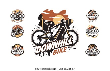 A collection of mountain bike logos featuring various designs and styles, emphasizing downhill biking.