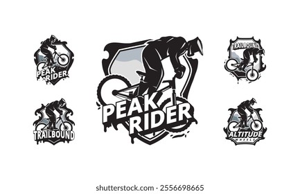 a collection of mountain bike rider logos featuring bold silhouettes and stylized designs.