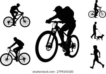 Collection of mountain bike silhouettes featuring cyclists riding, a man walking a dog, and a woman running for outdoor sports..