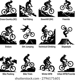 Collection of mountain biking icons featuring varied terrain and cycling disciplines in black silhouette vector style design.
