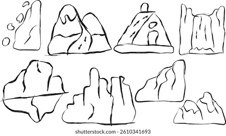 Collection of mountain icons in doodle style. Hand drawn icons of rocky mountains, pine trees, glaciers, waterfalls, mountain lakes and more.