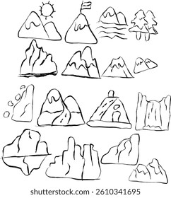 Collection of mountain icons in doodle style. Hand drawn icons of rocky mountains, pine trees, glaciers, waterfalls, mountain lakes and more.