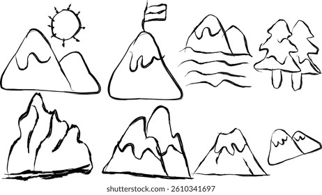 Collection of mountain icons in doodle style. Hand drawn icons of rocky mountains, pine trees, glaciers, waterfalls, mountain lakes and more.