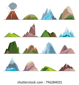 Collection of mountain icons in flat style. Different rock and hill symbols.