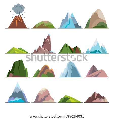 Collection of mountain icons in flat style. Different rock and hill symbols.