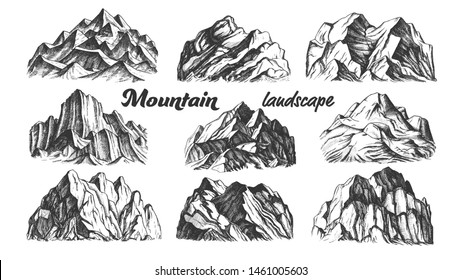 Collection Mountain Landscape Set Vintage Vector. Different Mountain Place For Camping Travel Climbing Or Hiking Mountainous Geology Concept. Designed Template Black And White Illustrations