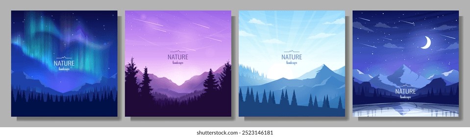 Collection of mountain landscapes. Aurora Borealis, sunrise in the mountains, night scene. Design for travel banners, covers, greeting cards. Vector image.